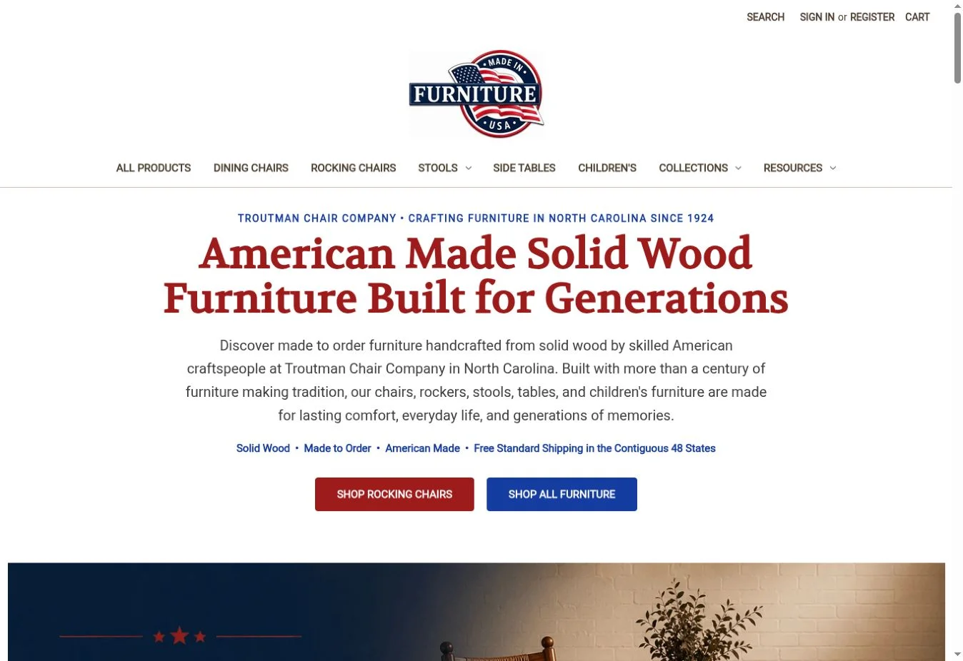 Furniture Made In USA website showing its American made furniture collection